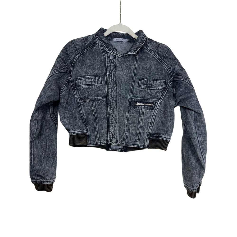 CARMAR Denim Cropped Acid Wash Bomber Jacket Black Size Small Vintage 80s Vibe